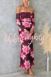 Floral Fantasy Mesh Off Shoulder Long Sleeve Stretch Maxi Dress