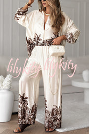 Botanical Print Loose Long-sleeved Shirt and Elastic Waist Pocket Casual Wide-leg Pants