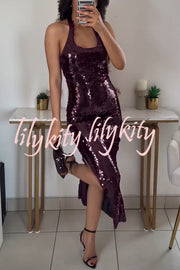 Night Glow Disc Sequin Halter Backless Slit Midi Dress