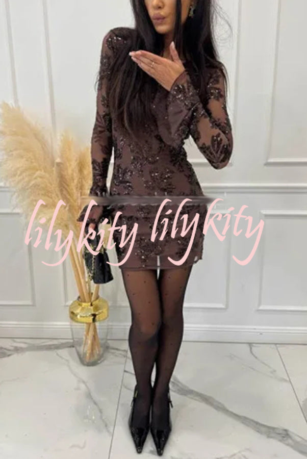 Deep and Dazzling Floral Texture Sequin Long Bell Sleeve Open Back Mini Dress