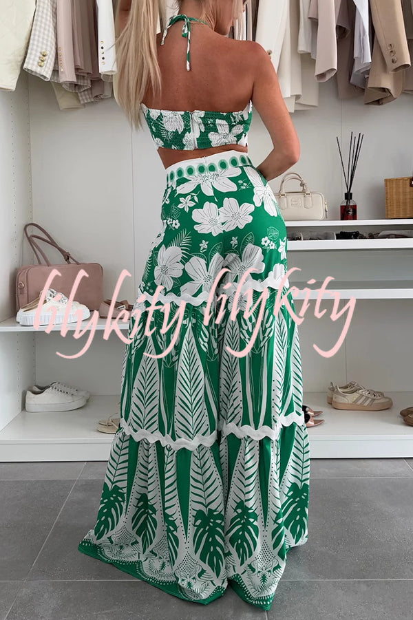 Cassie Ric Rac Trims Unique Print Halter Ring Tank and High Rise Wide Leg Pants Set