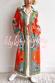 Linen Blend Unique Print Tie-waist Casual Maxi Dress