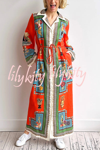 Linen Blend Unique Print Tie-waist Casual Maxi Dress