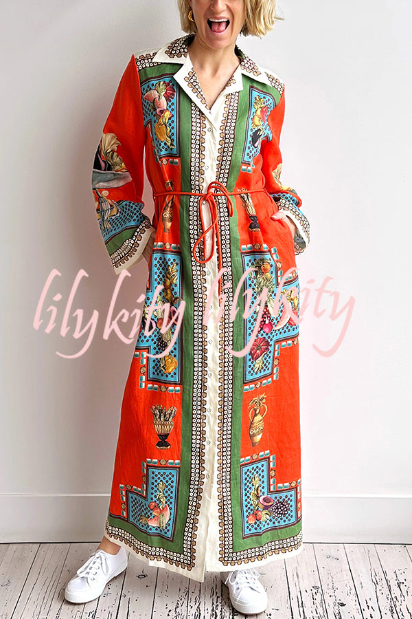 Linen Blend Unique Print Tie-waist Casual Maxi Dress
