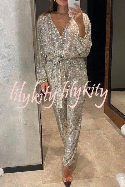 Cheers To You Sequin Long Sleeve Belted Wrap Loose Jumpsuit