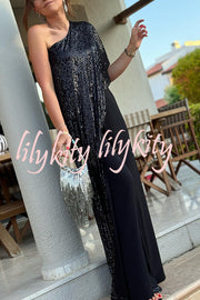 Party Favors Sequin One Shoulder Ruffle Detail Wide Leg Evening Jumpsuit