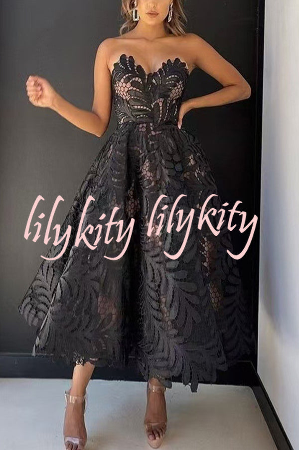Elegant Openwork Lace Strapless Full-hem Midi Dress