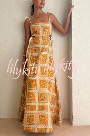 Orange Summer Printed Linen Blend Cutout Tie-up Design Maxi Dress