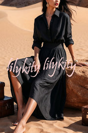 Solid Color Lapel Long Sleeve Casual Waist Midi Dress