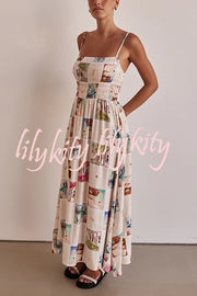 Unique Printed Sling Backless Elastic Pleated Maxi Dress