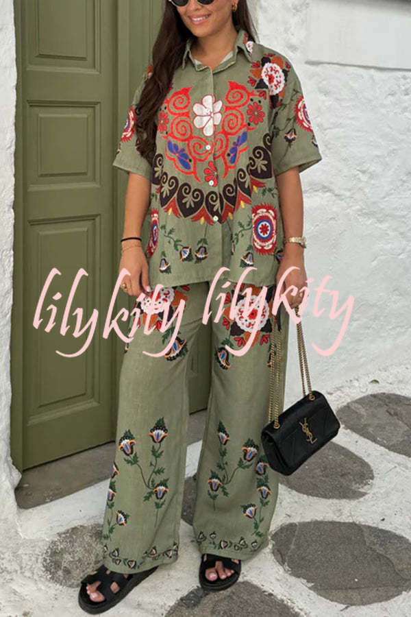 Fiji Ethnic Unique Printed Casual Shirt and Elastic Waist Wide Leg Pants Set