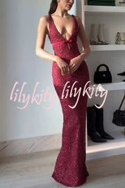 Festival Shines Sequin Beaded Mesh Bow Cutout Detail Slit Maxi Dress