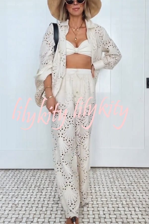 Lillah Embroidered Lace Shell Pattern Long Sleeve Loose Blouse