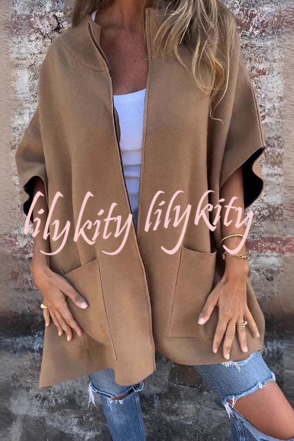 Solid Color Loose Casual Round Neck Shawl Coat