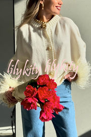 Solid Color Elegant Feather Long Sleeve Casual Knitted Cardigan