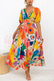 Floral Frenzy Printed Puff Sleeve Back Smocked Maxi Dress