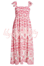 Darling & Dainty Embroidery Style Unique Print Smocked Midi Dress