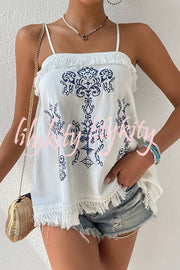 Ethnic Embroidered Adjustable Straps Fringed Top