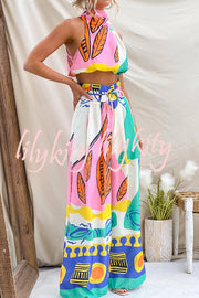 Maison Linen Blend Unique Print High Neck Top and Elastic Tie-up Waist Pocket Wide Leg Pants Set