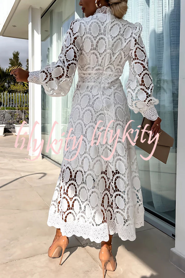 Romantic, Sensual and Elegant Crochet Lace Lantern Sleeve Party Midi Dress