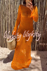 Sunny Beachside Crochet Knit Hollow Out Long Sleeve Cover-up Maxi Dress