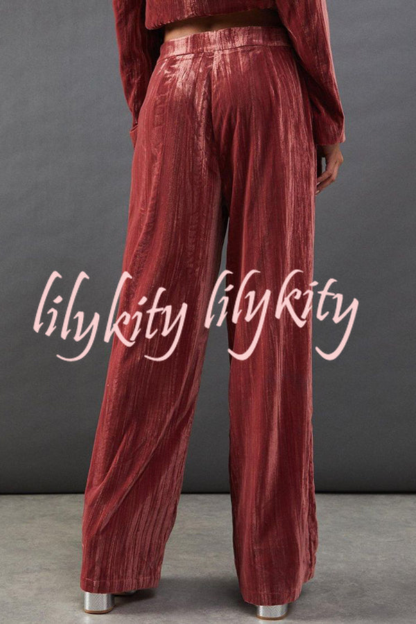 Solid Color Velvet Long-sleeved Waist Tie Top and Elastic Waist Casual Pocket Straight-leg Pants Set