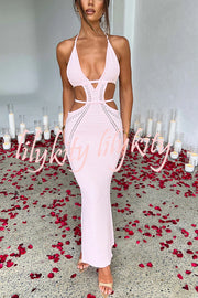 Effortlessly Cool and Sexy Knit Crochet Cutout Halter Tie-up Stretch Maxi Dress