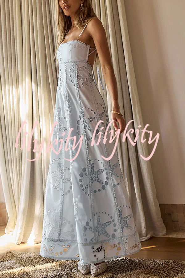 Simona Embroidered Starfish Pattern Backless Tie-up Slip Maxi Dress