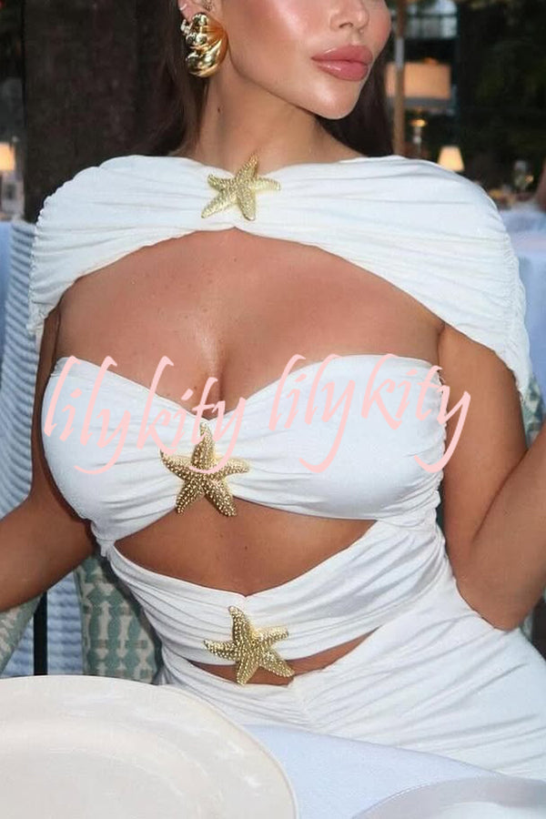 Solid Starfish Decoration Shawl and Cutout Stretch One-Piece Swimsuit