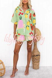 Summer Days Unique Fruit Print Loose Shirt and Elastic Waist Shorts Set