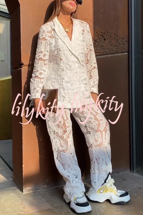 Fashionable Lace Long-sleeved Lapel Loose Top and Casual Hollow Pants Set