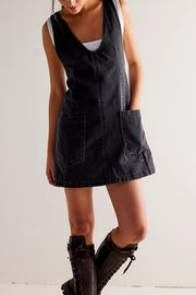 Solid Color Sleeveless V-neck Pocket Adjustable Denim Suspender Mini Dress