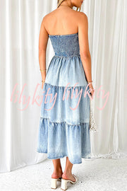 Asmn Off Shoulder Pleated Pocket Paneled Denim Maxi Dress