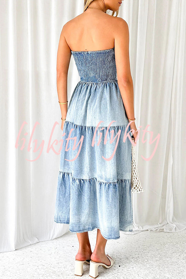 Asmn Off Shoulder Pleated Pocket Paneled Denim Maxi Dress