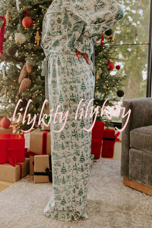 Christmas Night Satin Loose Shirt and Elastic Waist Pocketed Pajama Set