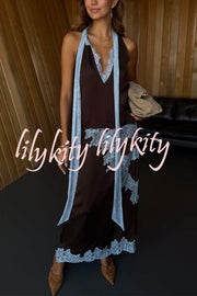 Sunday Social Contrast Color Satin Lace Trim Mid Rise Maxi Skirt