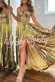 Queen Style Metallic Fabric Cross Neck Cutout Slit Pleated Maxi Dress