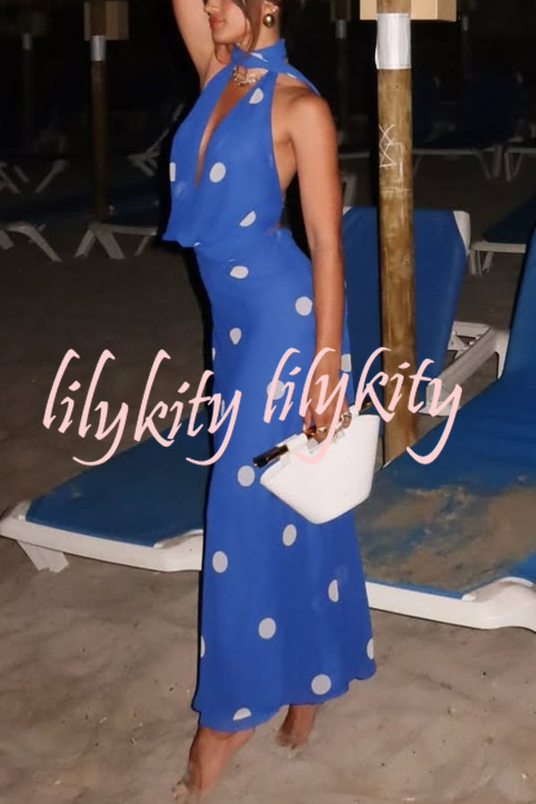 Fashion Polka Dot Print Sexy Halter Neck Backless Maxi Dress