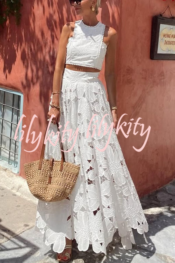 Next Trip Floral Embroidery Crochet Lace Crop Tank Top and Elastic Waist Pocket Maxi Skirt Set
