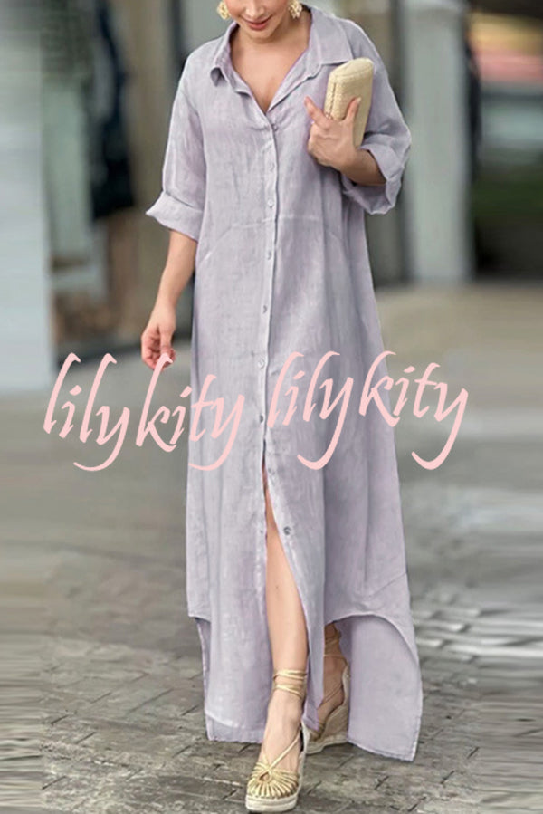 Linen Blend Solid Long Sleeve Buttoned Loose Shirt Style Maxi Dress