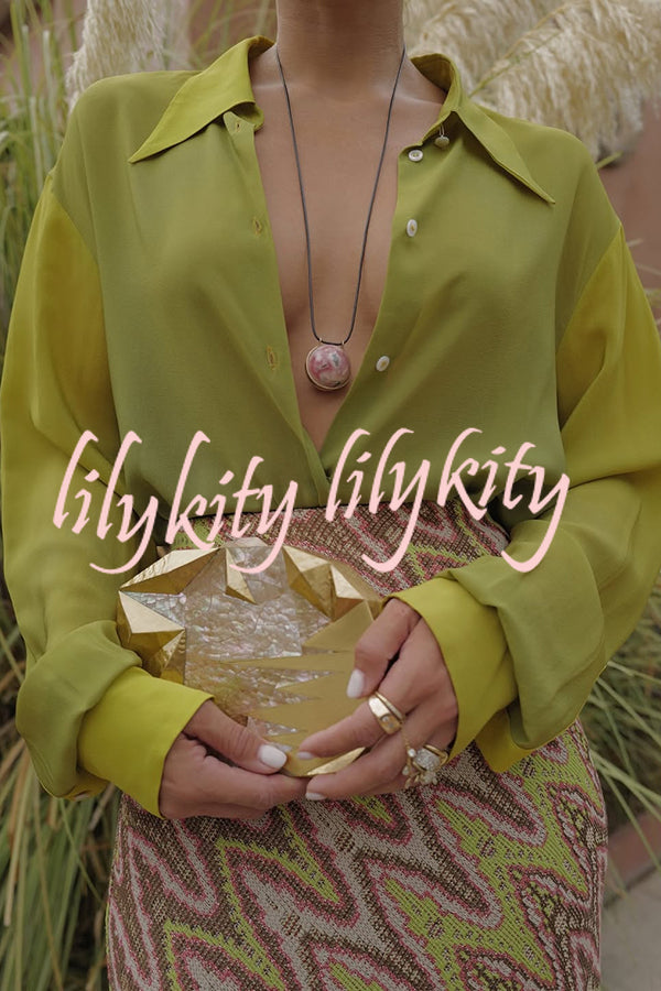 Moonlit Waltz Gradient Print Button Up Long Sleeve Loose Blouse