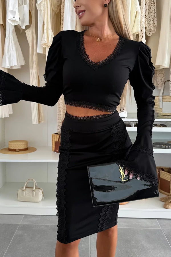 Career Beauty Lace Paneled Long Bell Sleeve Crop Top and High Rise Mini Skirt Set