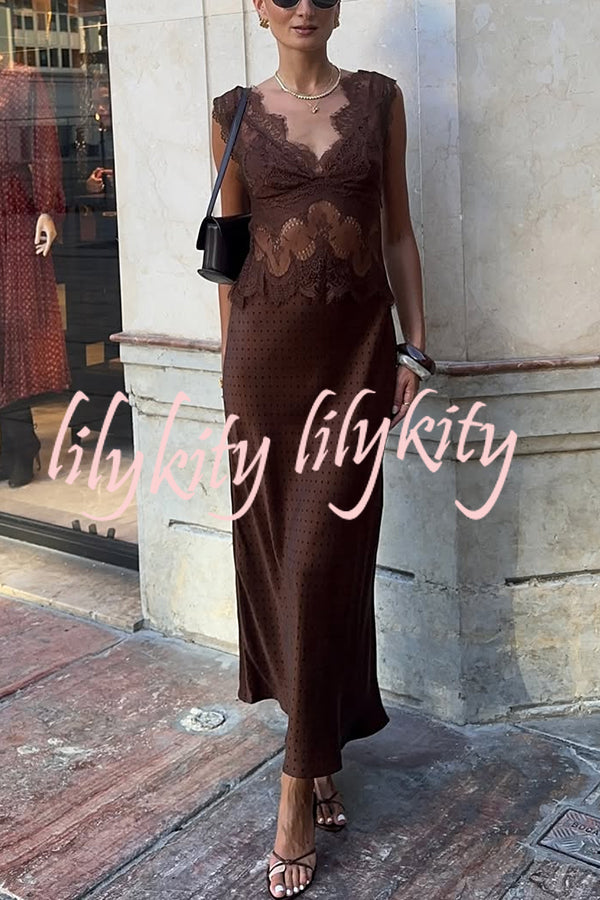 Wonderful Fusion Satin Lace Trim Poka Dot V-neck Drape Maxi Dress