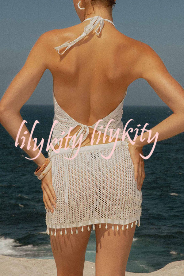 Fashion Knit Hollow Back Top and Embellished Fitted Stretch Beach Mini Skirt Set