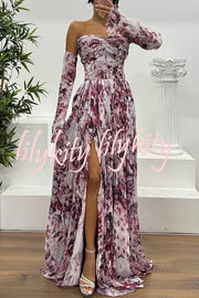Reina Chiffon Floral Print Pleated Bodice Split Sleeve Strapless Slit Maxi Dress