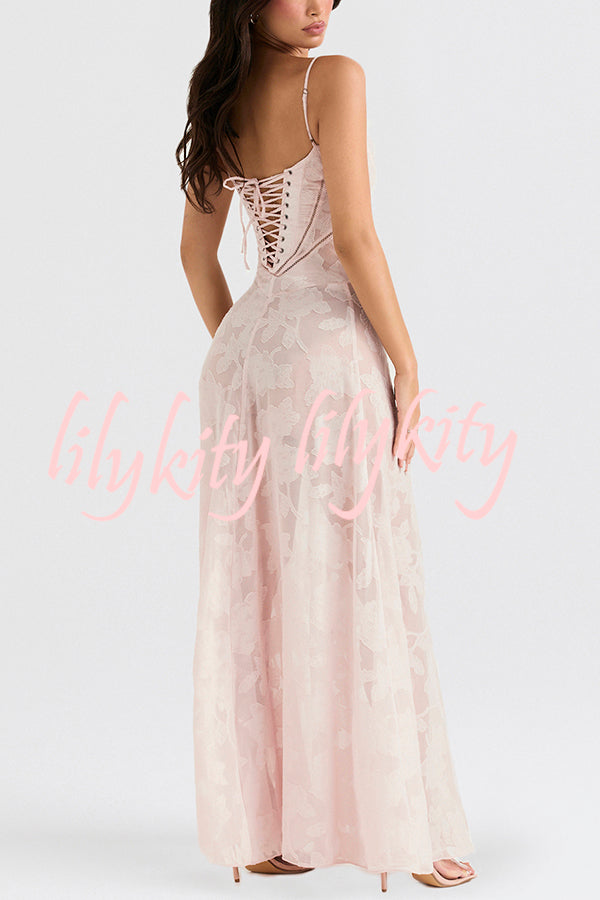 Romantic Vintage Feel Jacquard Fabric Back Lace-up Slip Floaty Maxi Dress