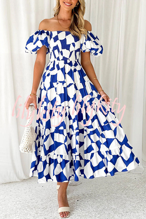 Petal Princess Unique Print Smocked Waist Puff Sleeve Midi Dress