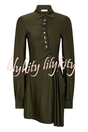 Marvis Button-embellished Long Sleeve Asymmetrical Drape Shirt Midi Dress