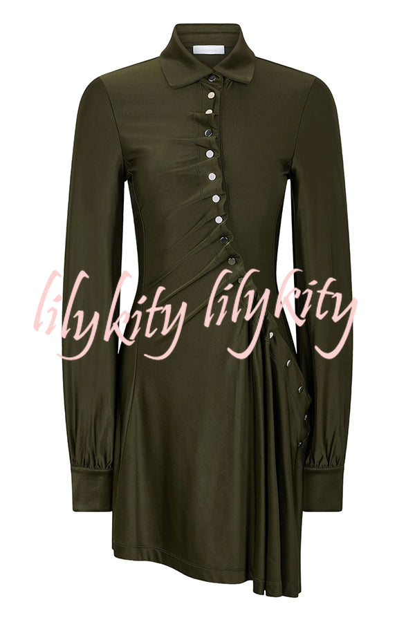 Marvis Button-embellished Long Sleeve Asymmetrical Drape Shirt Midi Dress