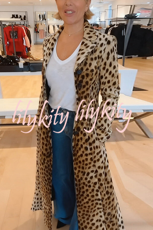 Leopard Print Long Sleeve Pocket Casual Maxi Trench Coat